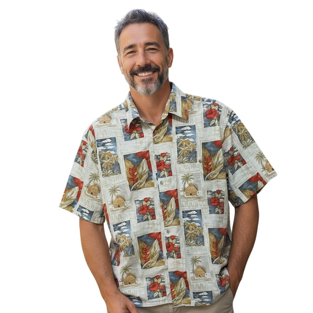 Pierre Cardin Men's Shirt M Tiki Palm Tree Cotton Button Down Retro Island Style
